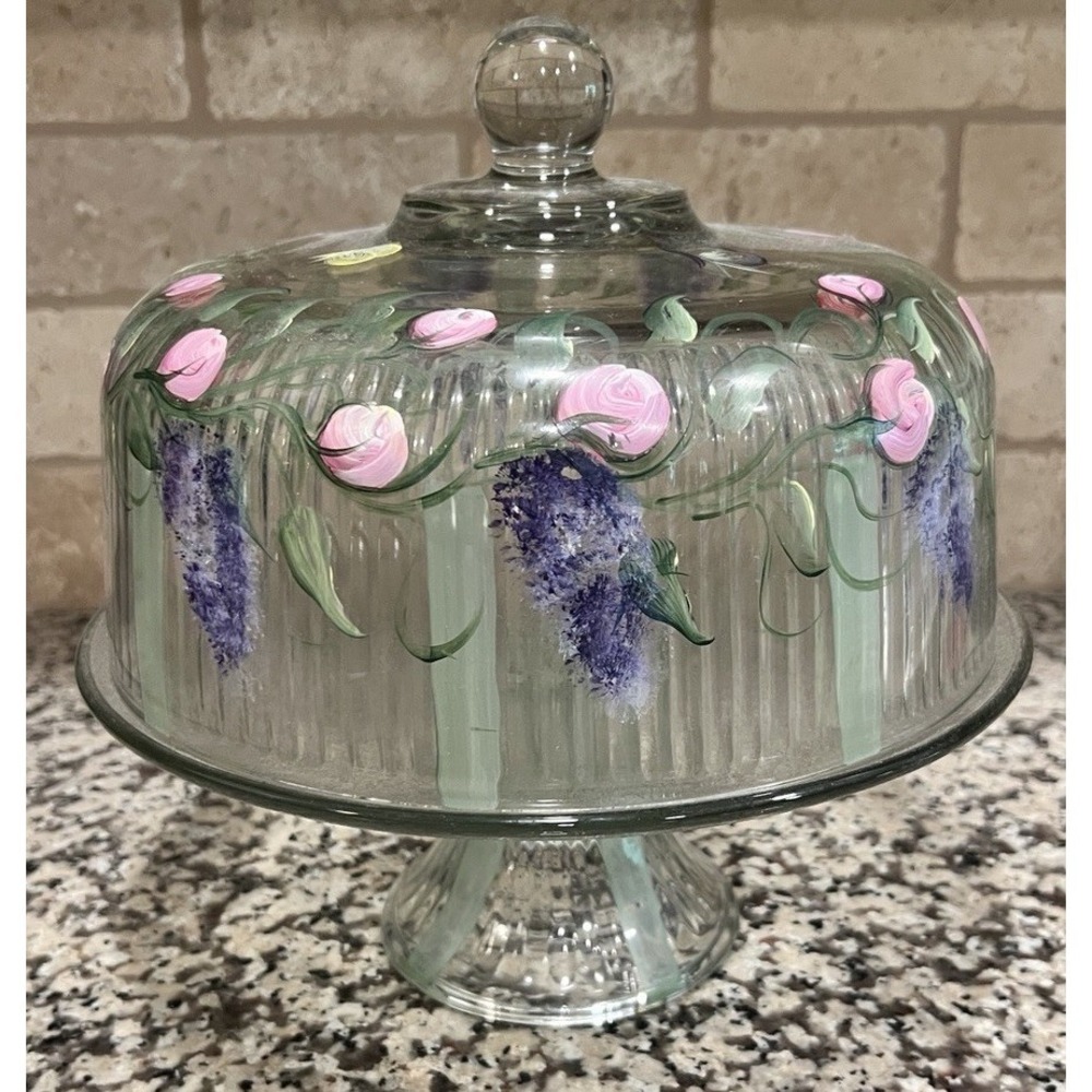 Glass Cake Stand With Dome Cover Clear And Hand Painted Flowers 11" Heavy‎
